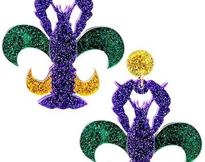 Fleur de Lis Crawfish Dangle Earrings - Mardi Gras Acrylic Jewelry
