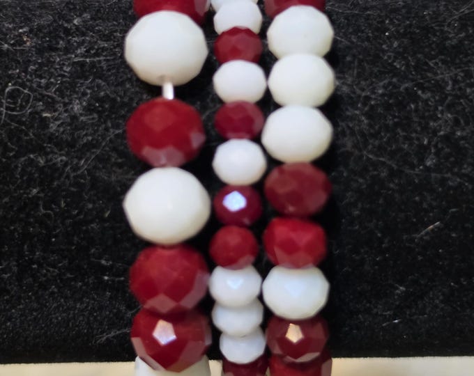 Burgundy & White Multi Strand Beaded Stretch Bracelet Set - Game Day_ Alabama