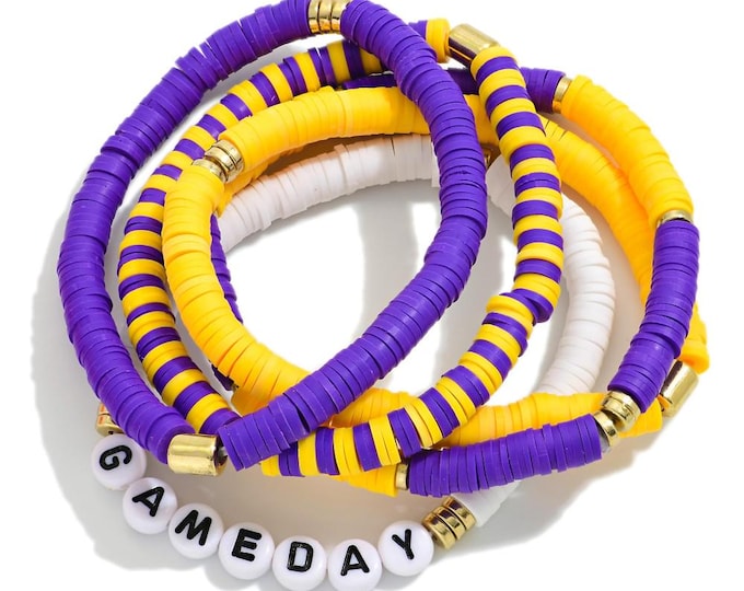 Purple and Gold  Beaded Stretch Bracelet Set - Game Day / Touchdown -  Louisiana State University Jewelry