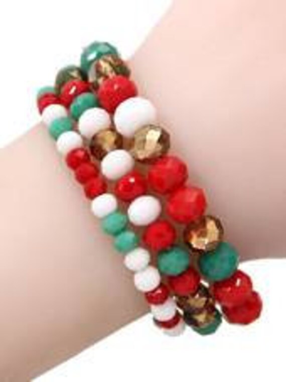 Holiday Beaded Jewelry - Christmas Bracelet, Necklace - Red, Green, Gold