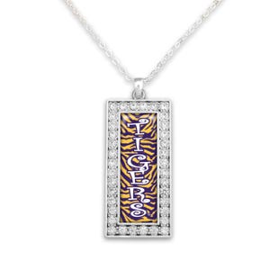 Tigers Crystal Zebra Rectangle Drop Necklace - Louisiana State University Jewelry - Purple and Gold - Tiger Game Day
