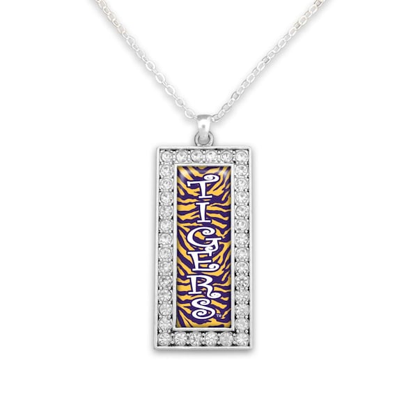 Tigers Crystal Zebra Rectangle Drop Necklace - Louisiana State University Jewelry - Purple and Gold - Tiger Game Day