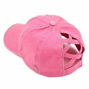 C.C. Denim Criss-Cross Ponytail Cap Featuring C.C Epoxy Side Button For Face Masks - High Ponytail Ball Cap