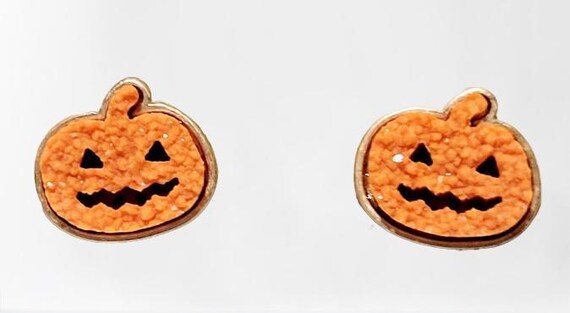 Halloween Jack-o-lantern Pumpkin Druzy Stud Earrings