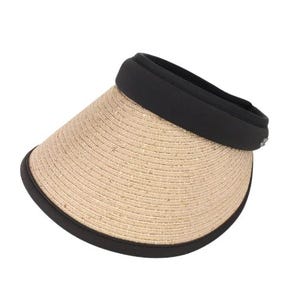 May include: A straw visor with a black band and trim. The visor is made of woven straw material and has a curved brim. The black band is made of a soft material for comfort. This sun visor is designed to protect the face from the sun.
