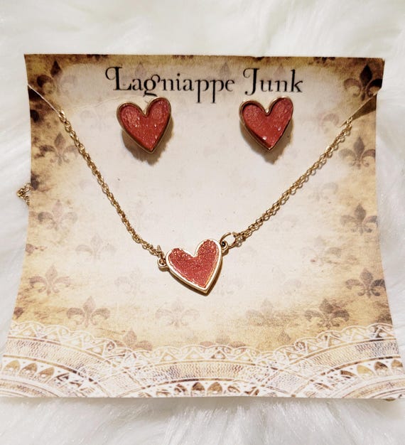 Valentines Druzy Heart Jewelry Set- Pink Druzy - Gifts for Her