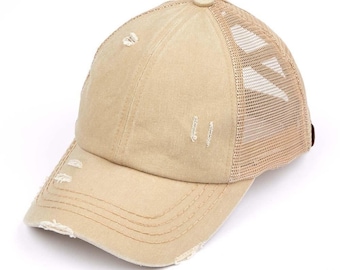 C.C Distressed Solid Mesh Criss Cross High Ponytail Cap - Messy Bun Pony Cap- High Ponytail Ball Cap- Criss Cross Hat for Women & Girls