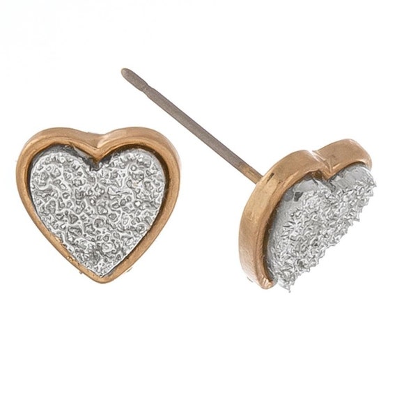 Valentines Druzy Heart Stud Earrings - Silver Druzy - Gifts for Her