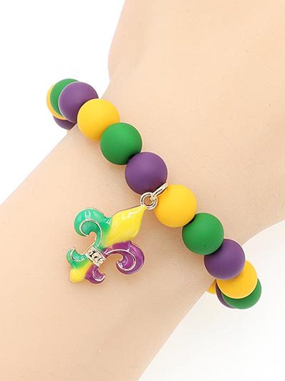 Fleur de Lis Rubber Beaded Charm Bracelet - Stretch Bracelet - Mardi Gras