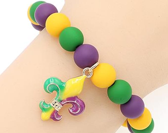 Fleur de Lis Rubber Beaded Charm Bracelet - Stretch Bracelet - Mardi Gras