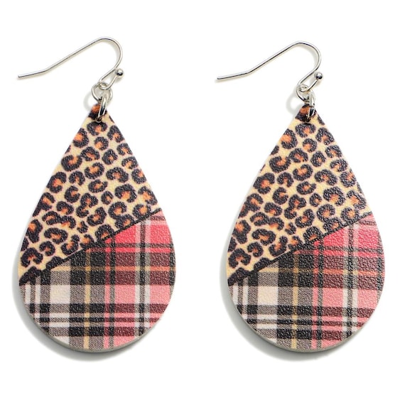 Leopard Print Teardrop Earrings Featuring Plaid Accents