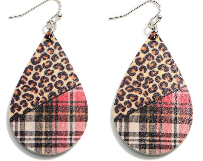 Leopard Print Teardrop Earrings Featuring Plaid Accents
