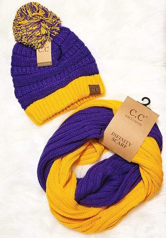 LSU Purple and Gold Game Day C.C Beanie and Infinity Scarf Bundle