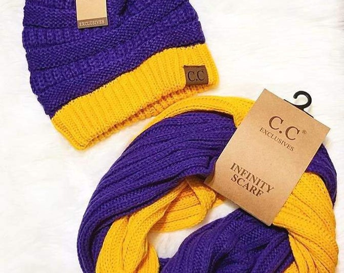 LSU Purple and Gold Game Day C.C Beanie and Infinity Scarf Bundle