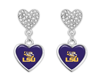 LSU Rhinestone Heart Earrings
