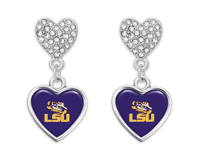 LSU Rhinestone Heart Earrings
