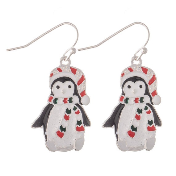 Enamel Coated Christmas  Dangle Drop Earrings.  - Penguin and Gingerbread