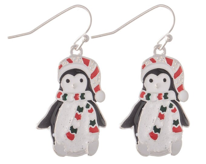 Enamel Coated Christmas  Dangle Drop Earrings.  - Penguin and Gingerbread