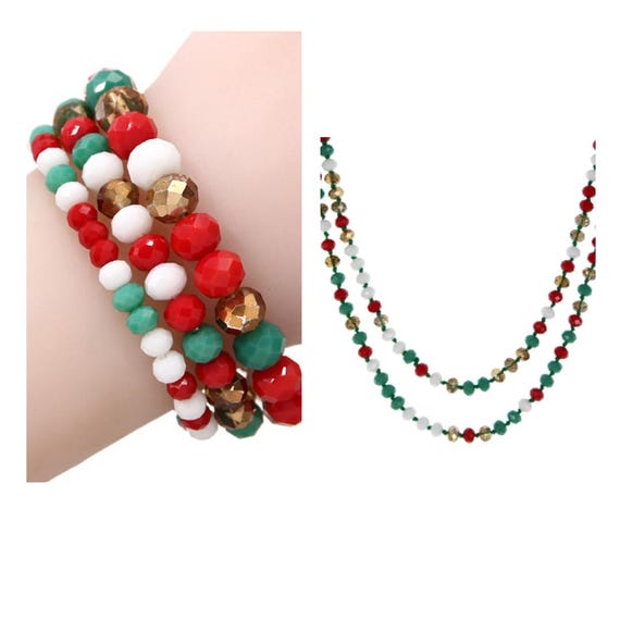 Holiday Beaded Jewelry - Christmas Bracelet, Necklace - Red, Green, Gold