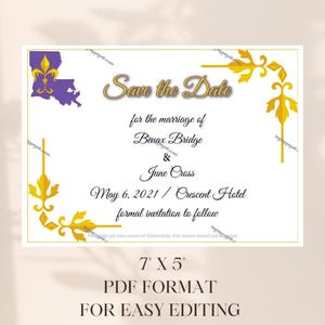 Louisiana &quot;Fleur de Lis&quot; Save the Date Template - LSU / New Orleans Themed Wedding - Louisiana Wedding- LSU Note Cards - LSU Stationery