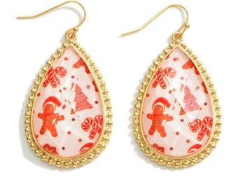 Gingerbread Man and Candy Cane Themed Glass Crystal Tear Drop Earrings - Holiday Earrings