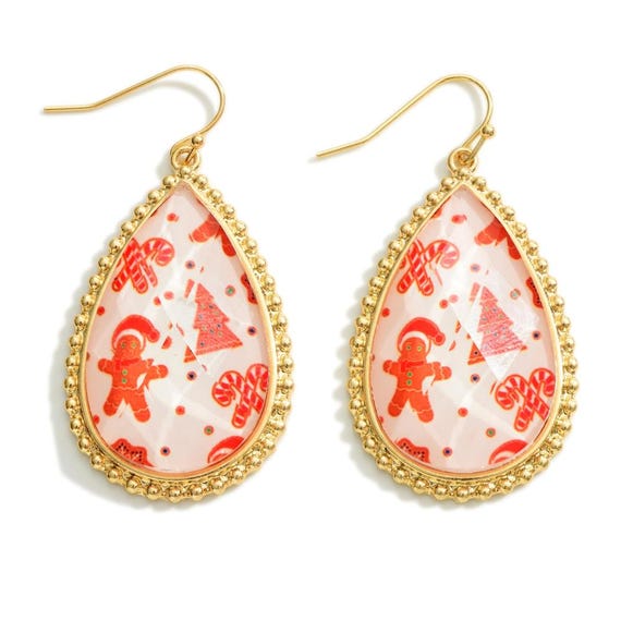 Gingerbread Man and Candy Cane Themed Glass Crystal Tear Drop Earrings - Holiday Earrings