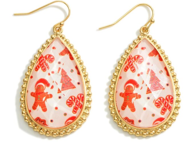 Gingerbread Man and Candy Cane Themed Glass Crystal Tear Drop Earrings - Holiday Earrings