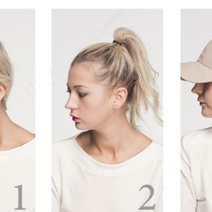 May include: Three images showing different hairstyles. The first shows blonde hair styled to the side. The second shows a high ponytail. The third shows a beige baseball cap with a mesh back and a high ponytail.