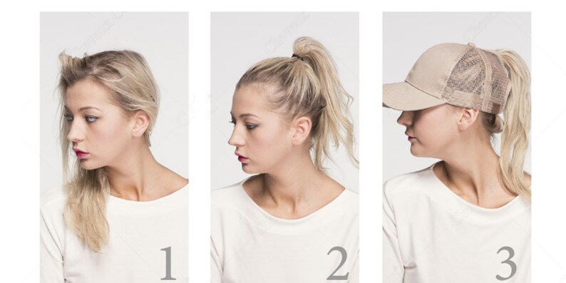 May include: Three images showing different hairstyles. The first shows blonde hair styled to the side. The second shows a high ponytail. The third shows a beige baseball cap with a mesh back and a high ponytail.
