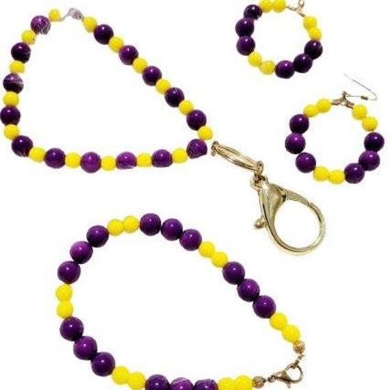 Purple and Gold Beaded Jewelry Set - LSU