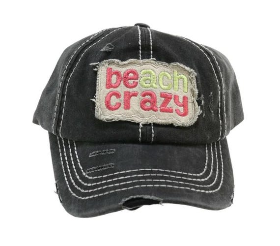 C. C Distressed Embroidered "Beach Crazy" Patch Pony Cap