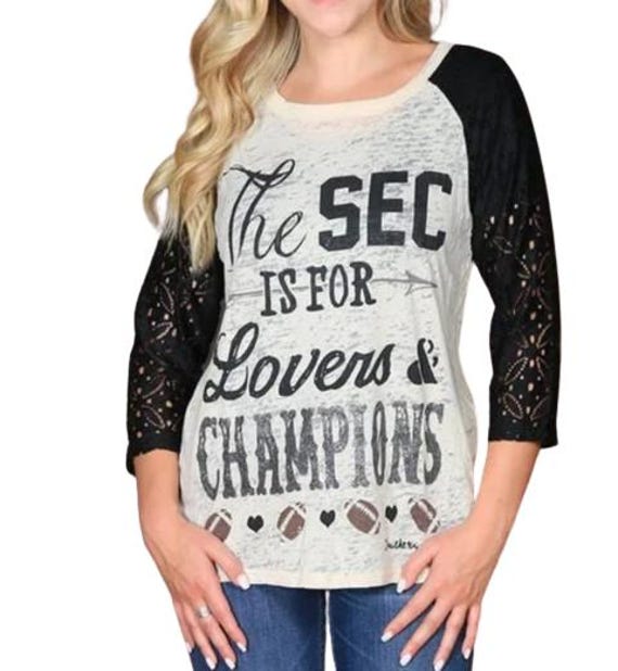 The SEC is for Lovers & Champions- Black Lace Sleeve Raglan Top