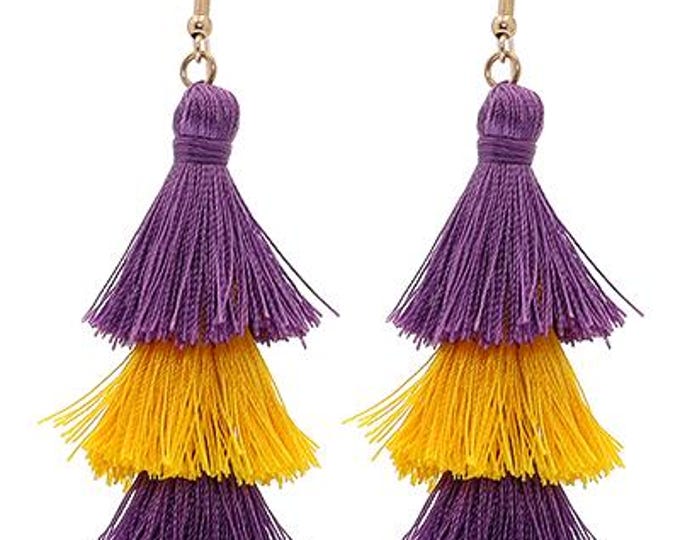 GameDay Ready: Purple and Gold Drop Tassel Earrings with Fishhook Closure