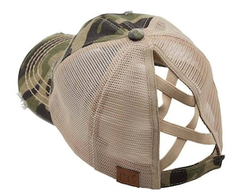 C.C Camouflage Mesh Criss Cross High Ponytail Cap - Messy Bun Pony Cap- High Ponytail Ball Cap- Olive, Black, Grey, Blue, White, Beige
