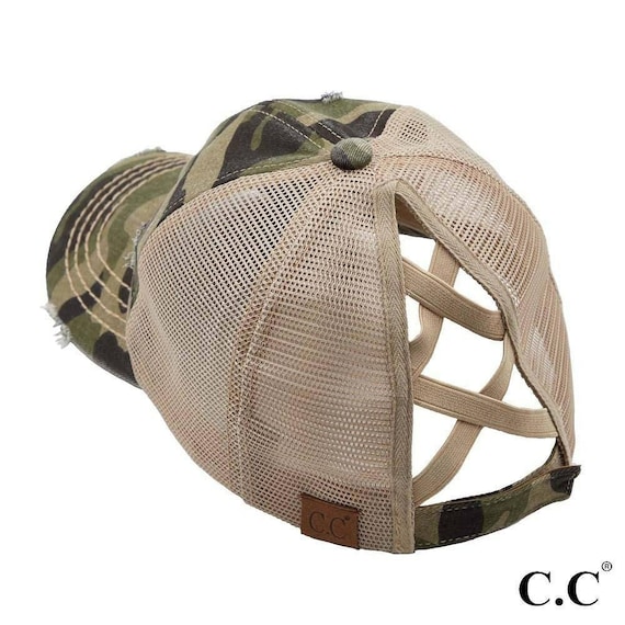 C.C Camouflage Mesh Criss Cross High Ponytail Cap - Messy Bun Pony Cap- High Ponytail Ball Cap- Olive, Black, Grey, Blue, White, Beige