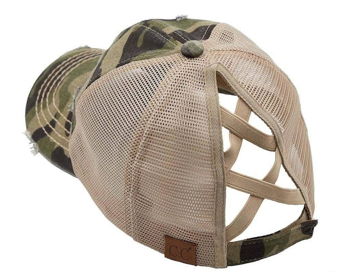 C.C Camouflage Mesh Criss Cross High Ponytail Cap - Messy Bun Pony Cap- High Ponytail Ball Cap- Olive, Black, Grey, Blue, White, Beige