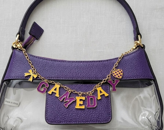 Clear Stadium Shoulder Bag | Purple Faux Leather, Gold Gameday Charm Chain (LSU Tailgate Approved)