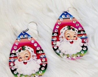 Merry Christmas Vintage Santa Serape Print Teardrop Earrings - Holiday Earrings