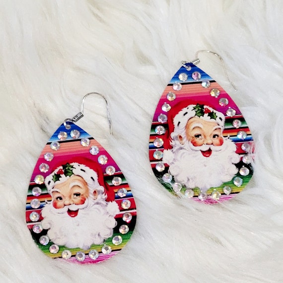 Merry Christmas Vintage Santa Serape Print Teardrop Earrings - Holiday Earrings