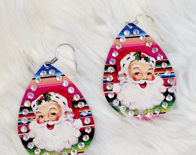 Merry Christmas Vintage Santa Serape Print Teardrop Earrings - Holiday Earrings