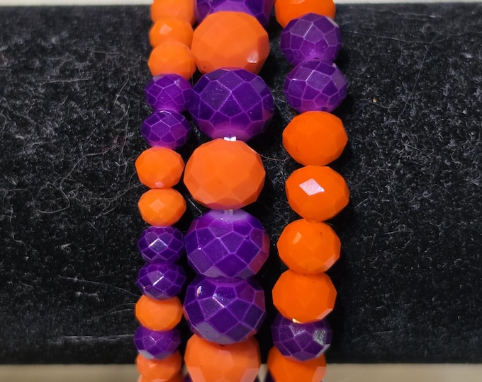 Purple and Orange Multi Strand Beaded Stretch Stackable Bracelet Set - Game Day - Collegiate - Clemson
