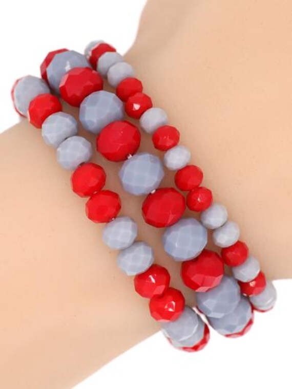 Red and Gray Beaded Stretch Bracelet Set - Game Day - Collegiate