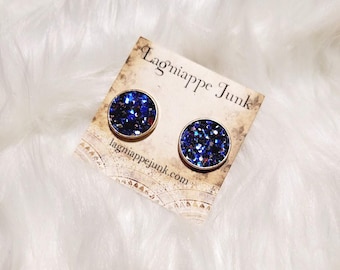 Blue Gold Tone Glitter Stud Earrings