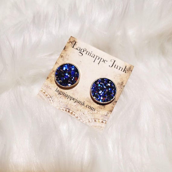 Blue Gold Tone Glitter Stud Earrings