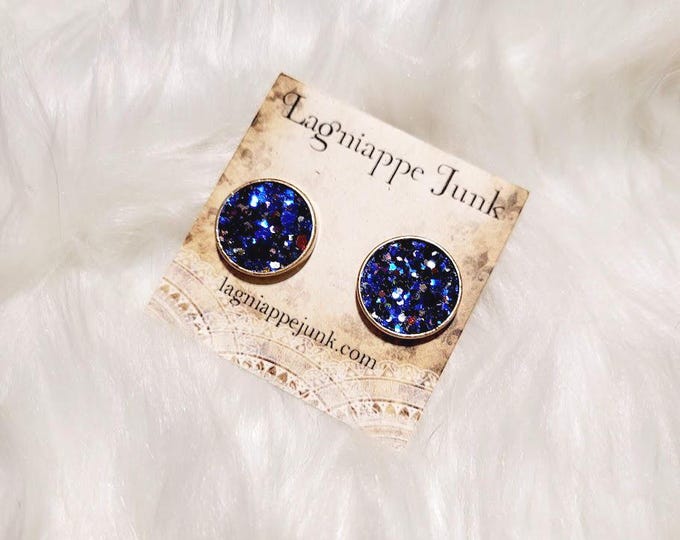 Blue Gold Tone Glitter Stud Earrings