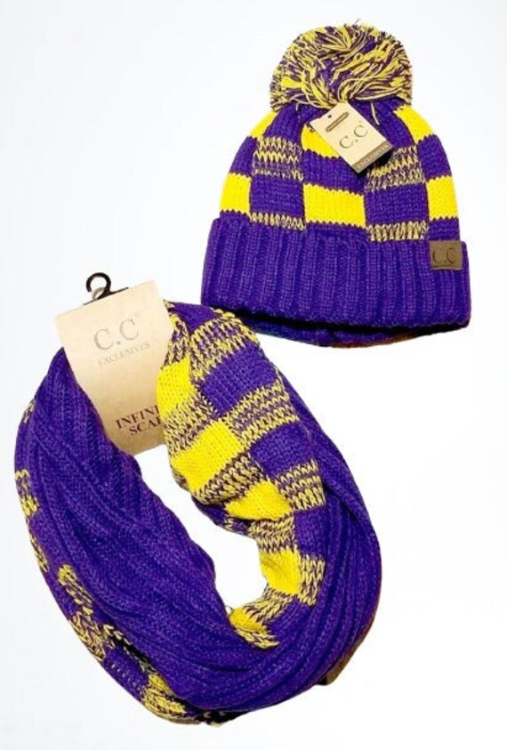 LSU Purple and Gold Buffalo Check Game Day C.C Beanie and Infinity Scarf