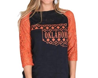 Oklahoma Cowboys Orange and Black Lace Sleeve Raglan Top