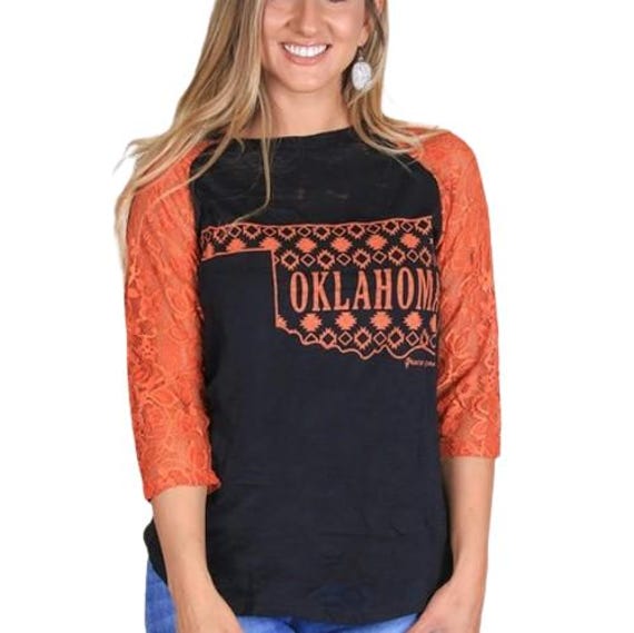 Oklahoma Cowboys Orange and Black Lace Sleeve Raglan Top