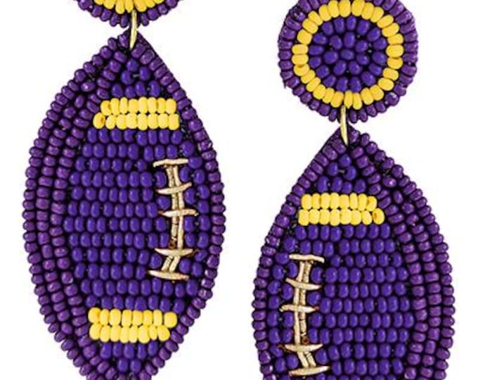 Football Purple and Gold Beaded Earrings - LSU Tigers