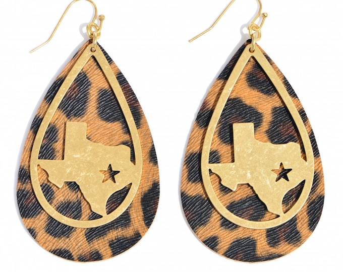 Leopard Print Leather Teardrop Earrings - Gold Texas Accent